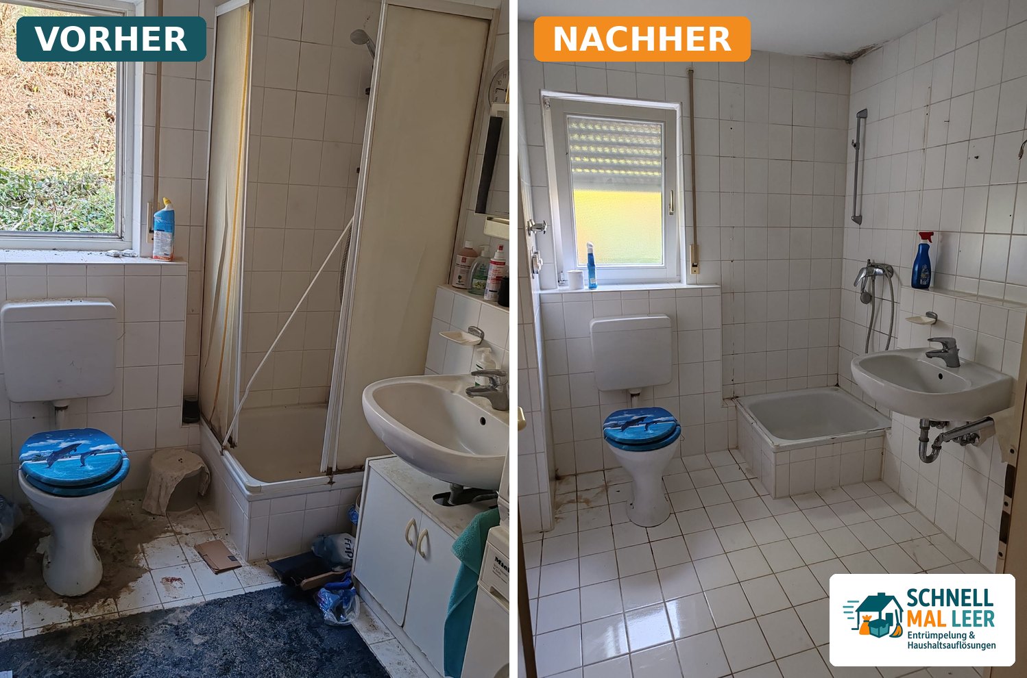 Vorher-Nachher-Vergleich Badezimmer Entrümpelung Eppingen: links das zugestellte und stark verschmutzte Bad einer Messie-Wohnung, rechts das geräumte und besenrein gereinigte Badezimmer