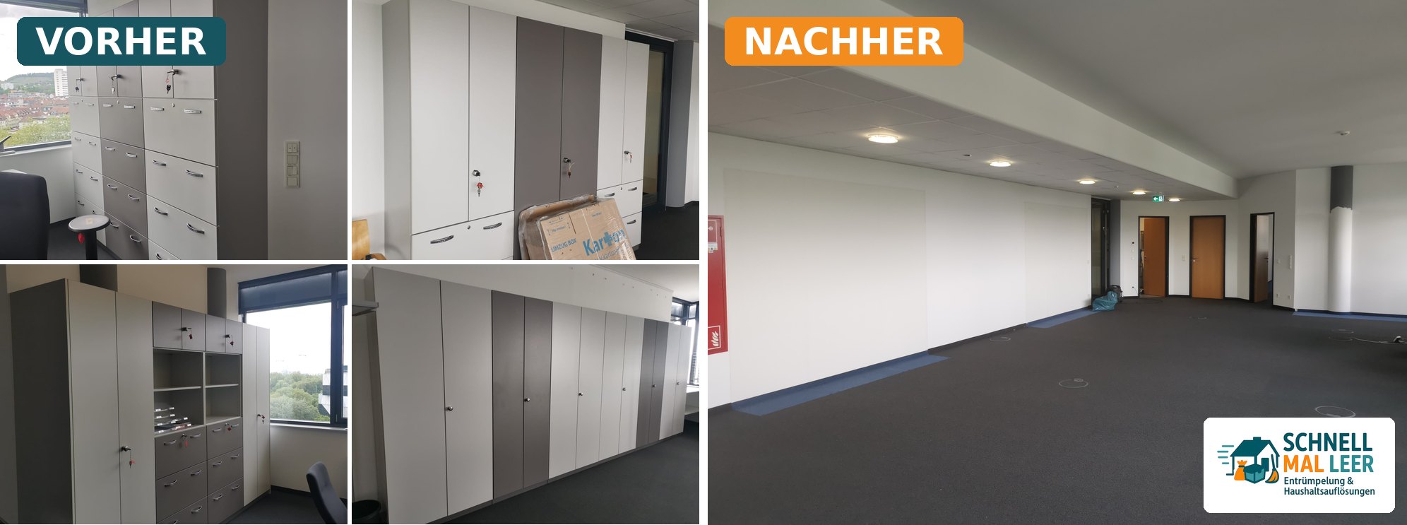 Vorher-Nachher-Vergleich Büroauflösung einer Versicherung: links Aktenschränke und Büromöbel auf der Etage, rechts die komplett leergeräumte Bürofläche vor der Renovierung