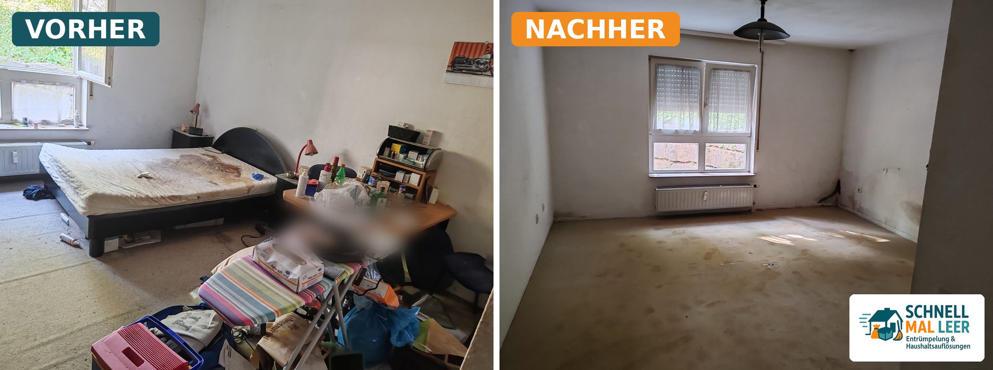 Vorher-Nachher-Vergleich Schlafzimmer Entrümpelung Eppingen: links das mit Bett, Möbeln und Hausrat gefüllte Zimmer, rechts der komplett geräumte und besenreine Raum